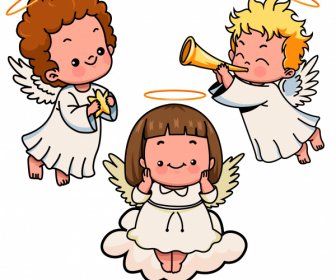 Little Angels Icons Cute Joyful Kids Sketch
