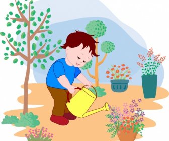 Kleine Junge Bewässerung Blumen Hintergrund Farbige Cartoon Dekor