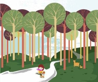 Маленькая девочка в лес цветной мультфильм фоновый рисунок