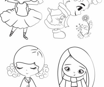 Bambine Icone Carino Cartone Animato Personaggio Disegnato A Mano Schizzo
