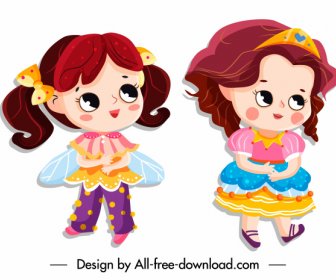 Pequena Princesa ícones Bonito Cartoon Personagens Design Colorido