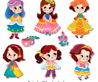 Little Princess Icons Cute Cartoon Characters Sketch