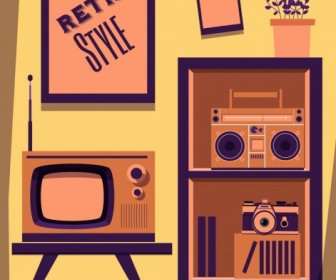 Living Room Decor Drawing Retro Objects Ornament