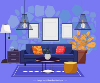Living Room Decor Template Colorful Contemporary Furniture Sketch