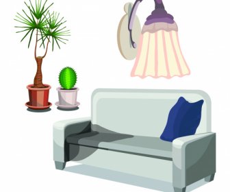 Skizzieren Sie Wohnzimmer Möbel Symbol Sofa Blumentopf Licht