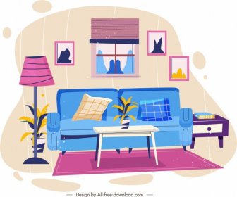Living Room Template Colorful Modern Sketch