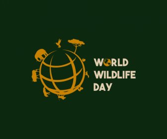 Logo Dünya Yaban Hayatı Günü Poster şablonu Küre Hayvanlar Siluet Eskiz
