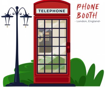 London Werbebanner Rote Telefonzelle Straßenlaterne Flache Skizze