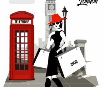 Londres Moda Banner Lady Landmark ícones Desenhos Animados