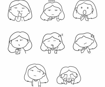 lonely girl icon sets funny handdrawn cartoon sketch
