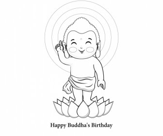 Lord Buddhas Lahir Selamat Hari Raya Hari Raya Ikon Konsep Black White Handddrawn Outline