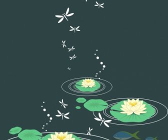 Lotus Background Butterflies Icons On Dark Backdrop