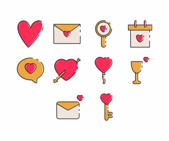 Love Anniversary Icon Sets Flache Klassische Symbole Skizze