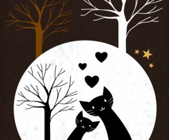 Liebe Hintergrund Schwarze Katzen Herzen Blattlosen Bäume Ikonen