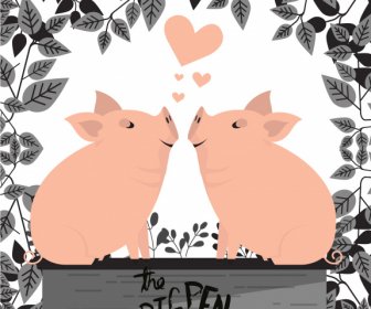 Love Background Cute Piggy Sketch Leaves Decor