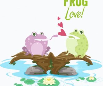 Love Background Frog Couple Icon Colored Cartoon Design