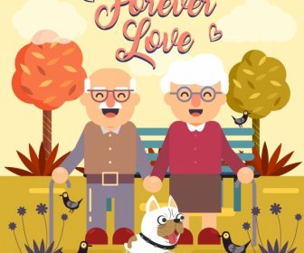 Love Background Old Couple Pets Icons Cartoon Design