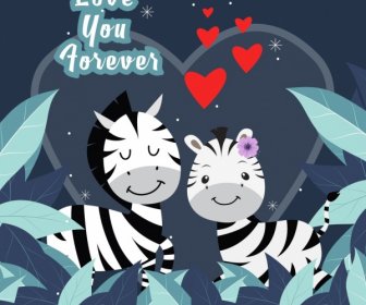 Love Background Zebra Icons Cute Stylized Cartoon Design