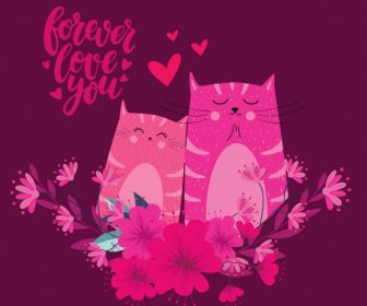 Cinta Banner Kucing Beberapa Ikon Desain Merah Muda Gelap