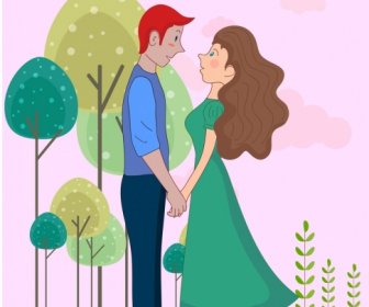 Love Couple Background Colored Cartoon Characters