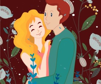 愛のカップルの絵画人間の花のアイコン漫画のデザイン