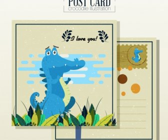 愛的明信片範本鱷魚圖標可愛卡通設計