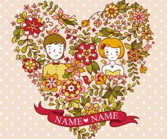 Lovers And Heart Floral Wedding Invitation Cards Vector