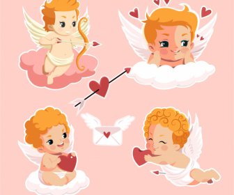 Loves Icons Cute Cupid Angle Sketch Cartoon Design