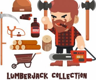Lumberjack Design Elements Man Ax Wood Tools Icons