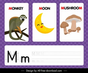M Alfabet Pendidikan Template Monyet Bulan Jamur Garis Besar