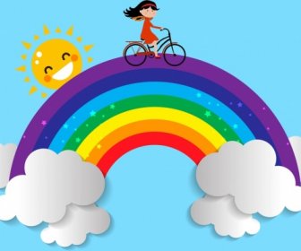 Magic Background Little Girl Riding Bicycle Rainbow Icons