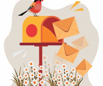 Mailing Background Template Mail Post Flowers Bird Sketch
