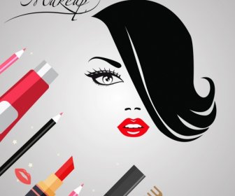 Maquillaje Banner Woman Face Sketch Accesorios Iconos Ornamento