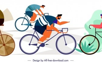 Male Cyclist Icons Cartoon Characters Sketch