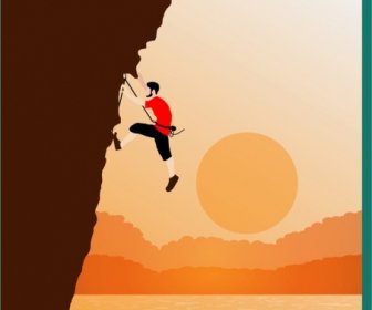 Hombre Escalando Cliff Tema Colored Cartoon Style Design