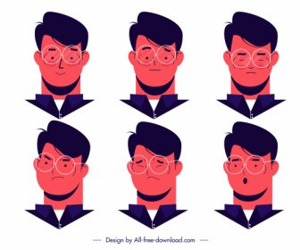 Homem ícones Avatares Emoções Esboço Cartoon Design