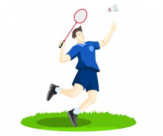 Mann Spielt Badminton-Ikone Dynamische Cartoon-Gliederung