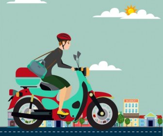 человек, езда мотоцикл фон Красочный мультфильм дизайн