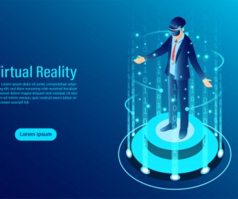 Homem Que Desgasta Vr Do Goggle Com Interface Tocante Na Ilustração Futura Do Futuro Da Tecnologia Da Tecnologia Da Realidade Virtual