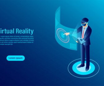Pria Memakai VR Goggle Dengan Antarmuka Menyentuh Ke Realitas Dunia Maya Teknologi Masa Depan Datar Vektor Ilustrasi Isometrik