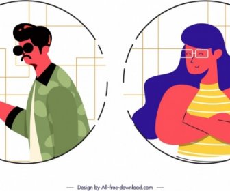 мужчина женщина шаблоны аватар Мультфильм символов круги изоляции