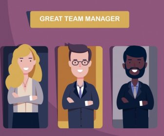 Manager-Team Hintergrund Mitarbeiter Symbole Zeichentrickfiguren