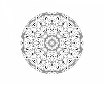 曼荼羅仏教デザインエレメント黒白対称円植物錯視形状スケッチ