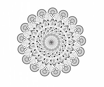 曼荼羅フローラアイコン黒白対称円形状アウトライン