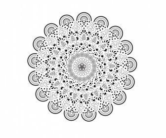 Mandala Flora ไอคอนสีดําสีขาวสมมาตรวงกลมรูปร่างเค้าร่าง