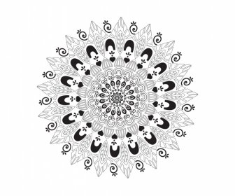 Elemen Desain Bunga Mandala Garis Ilusi Simetris Hitam Putih