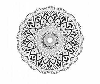 曼荼羅の花のアイコンフラット黒白妄想対称繰り返し装飾アウトライン