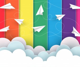 Many White Paper Planes Fly On The Background Rainbow Colorful While Flying Above A Cloud Creative Idea Illustration Cartoon Vector