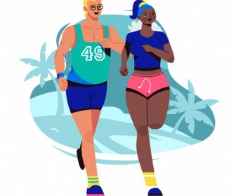 Maratón Icono Corriendo Atletas Esbozar Personajes De Dibujos Animados