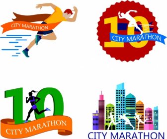 Maratona Corrida Logotipos Executando ícones Humanos Projeto Colorido